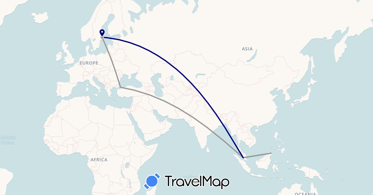 TravelMap itinerary: driving, plane, boat in Malaysia, Sweden, Thailand, Turkey (Asia, Europe)